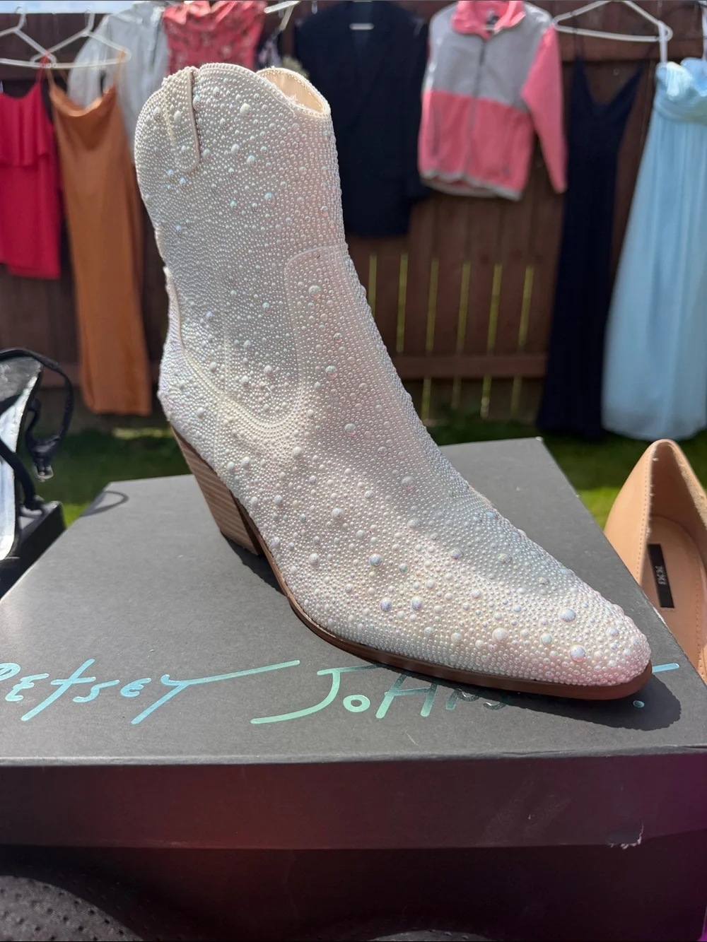 Betsey Johnson Pearl-Embellished Ivory Western Ankle Boot - Picture 1 of 5